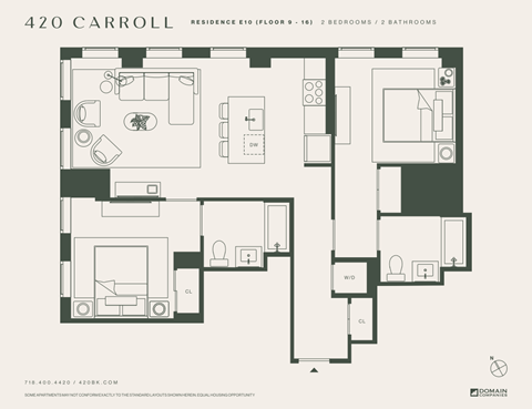 Floor plan for 2 beds, 2 baths, 998 sqft